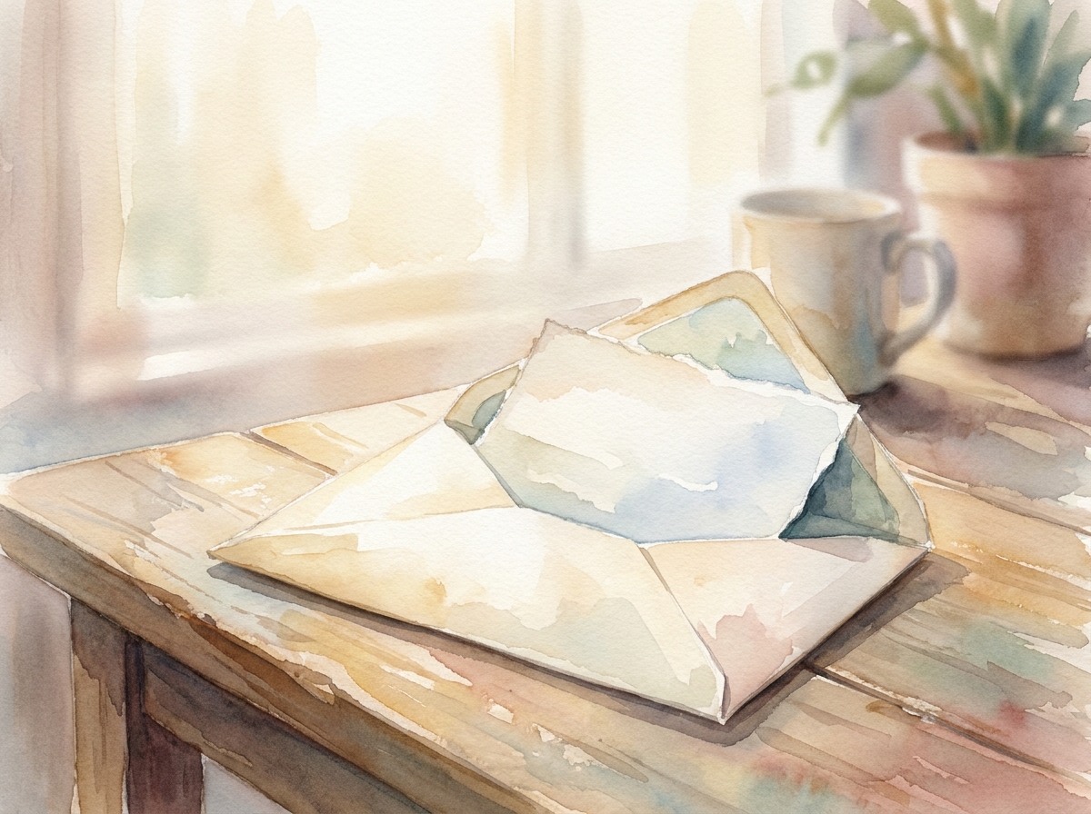 An open envelope on a desk beside a bright window